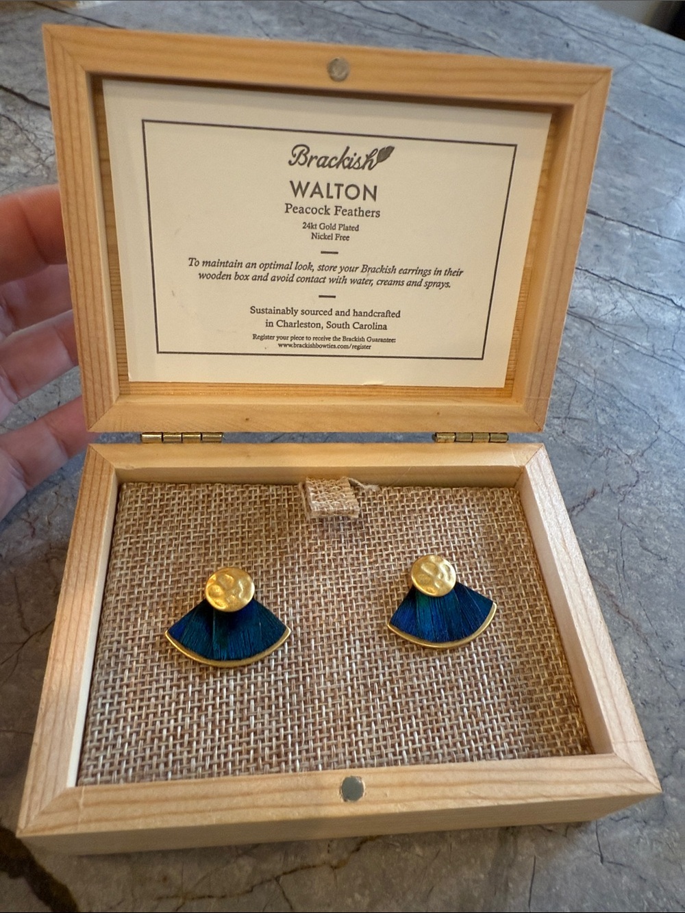 Peacock Feather Gold Plate Fan Stud Earrings - Blue/Green